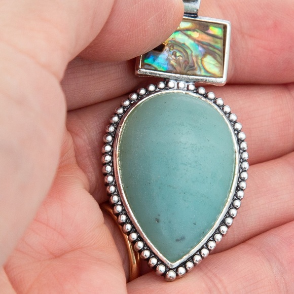 Southwestern pendant turquoise look pear stone, silver look accents Roman stamp - Picture 3 of 11